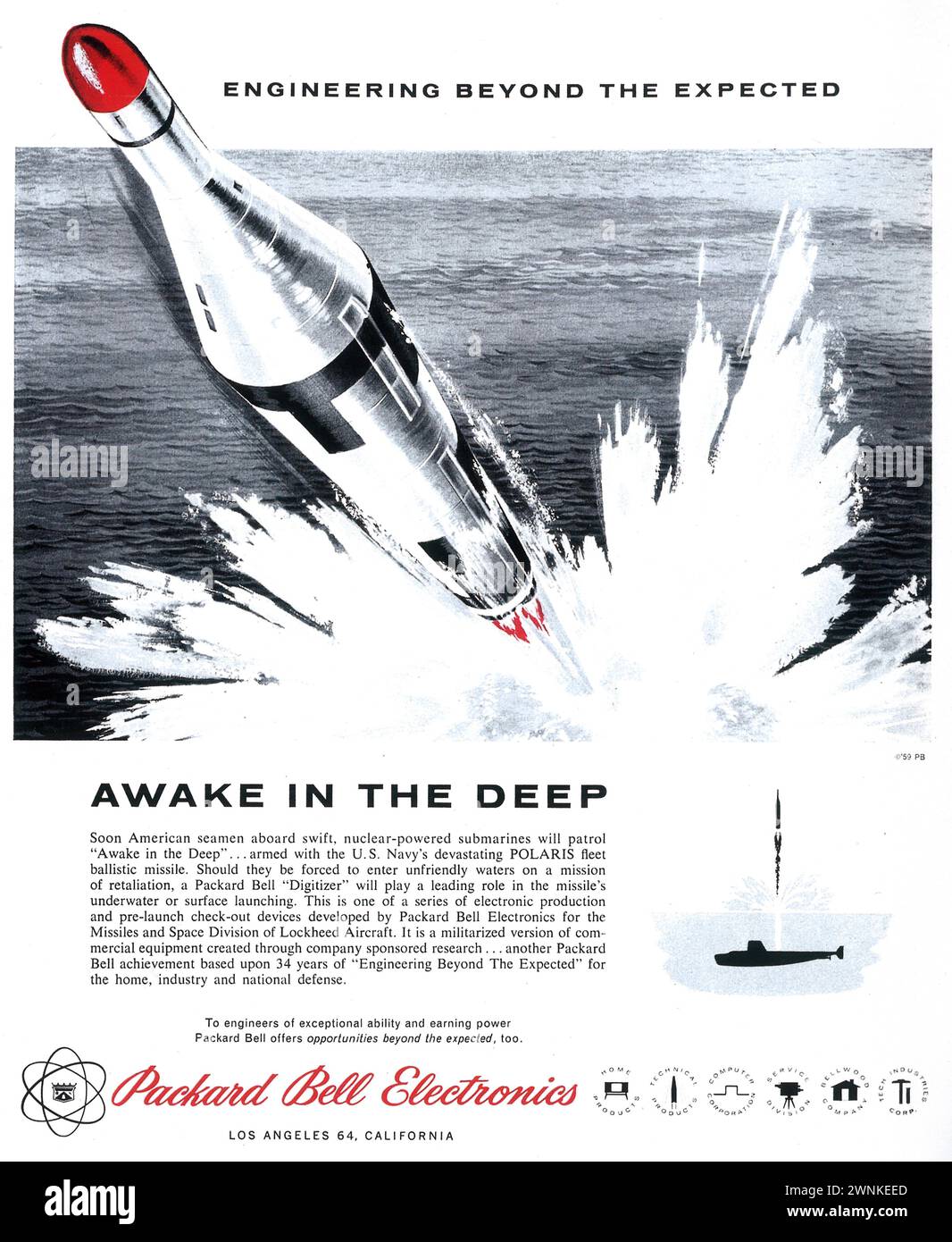 1959 Packard Bell Electronics Print Ad 'U.S. Navy Polaris fleet ballistic missile.' Stock Photo