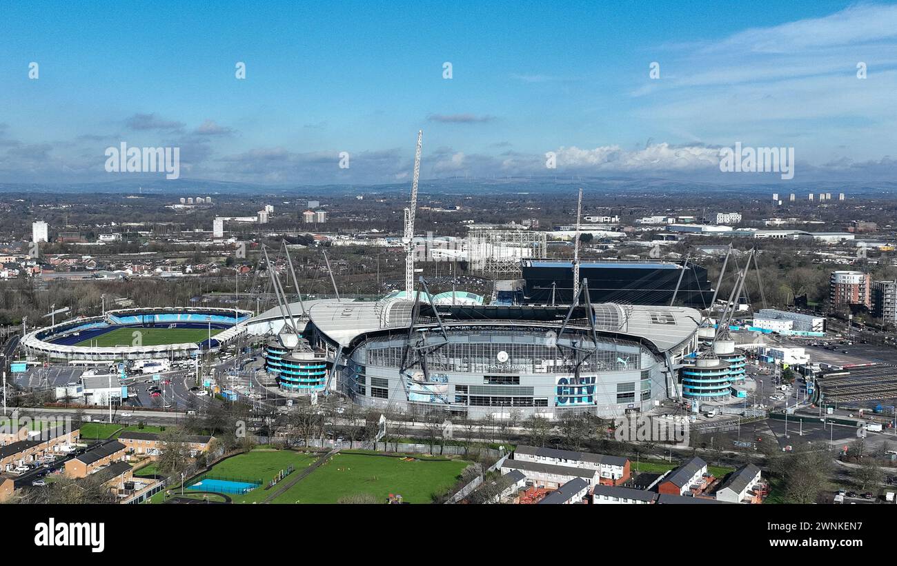 Manchester, UK. 03rd Mar, 2024. An aerial view of the Etihad Stadium ahead of the Premier League match Manchester City vs Manchester United at Etihad Stadium, Manchester, United Kingdom, 3rd March 2024 (Photo by Mark Cosgrove/News Images) in Manchester, United Kingdom on 3/3/2024. (Photo by Mark Cosgrove/News Images/Sipa USA) Credit: Sipa USA/Alamy Live News Stock Photo