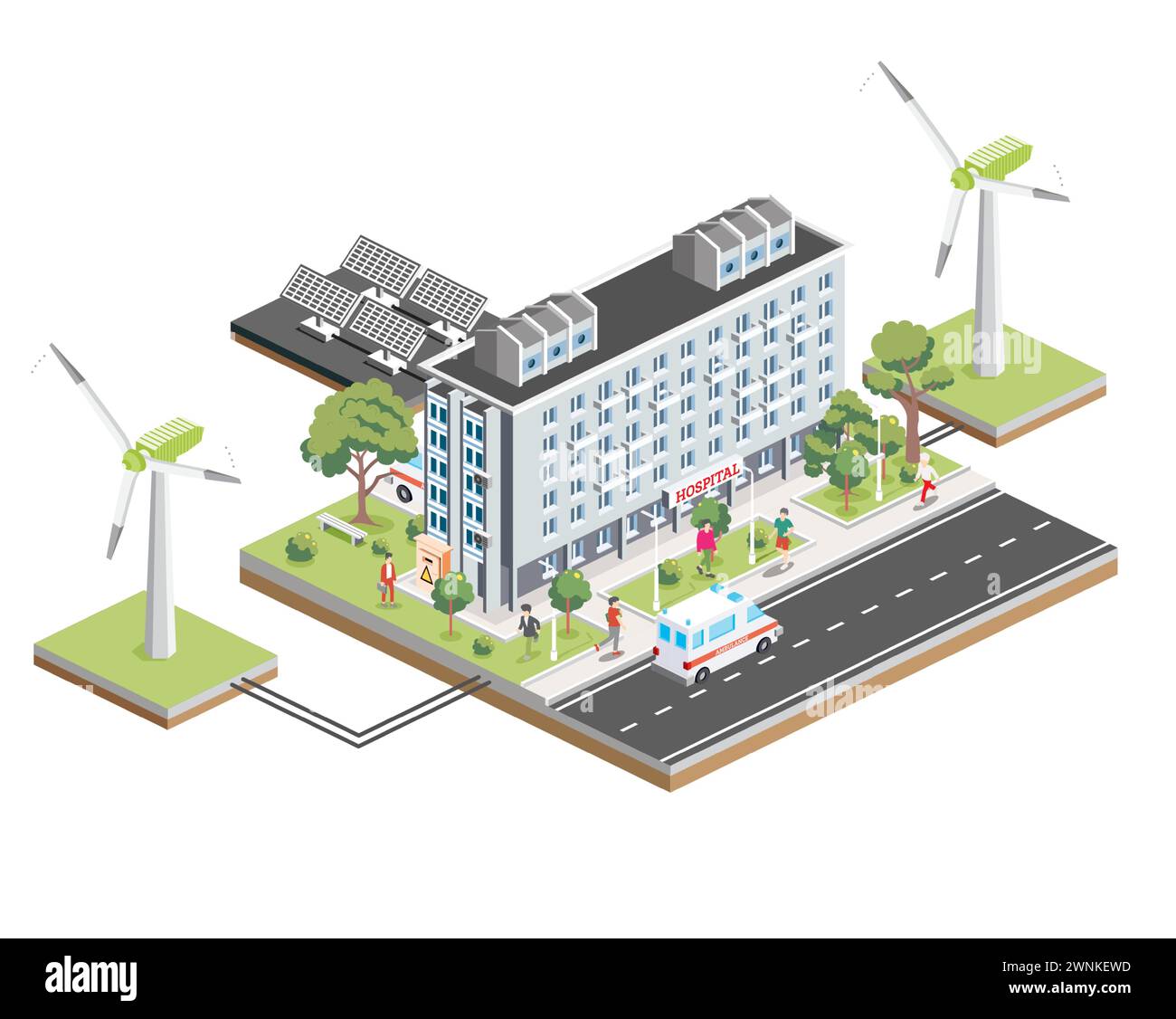 Isometric building of hospital with solar panels and wind turbines. Vector illustration. City clinic. Architectural symbol isolated on white. Stock Vector