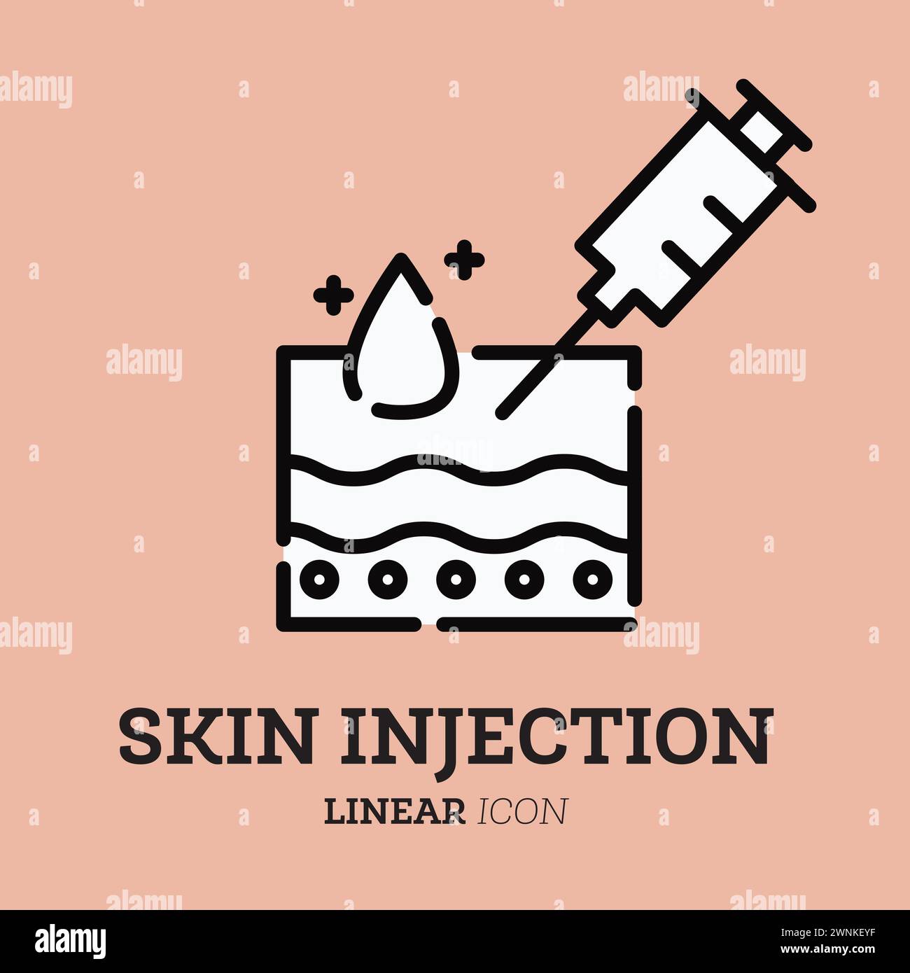Skin injection. Linear icon with syringe and structure of skin. Medical, dermatology treatment vaccine, filler, hyaluronic acid. Vector illustration. Stock Vector