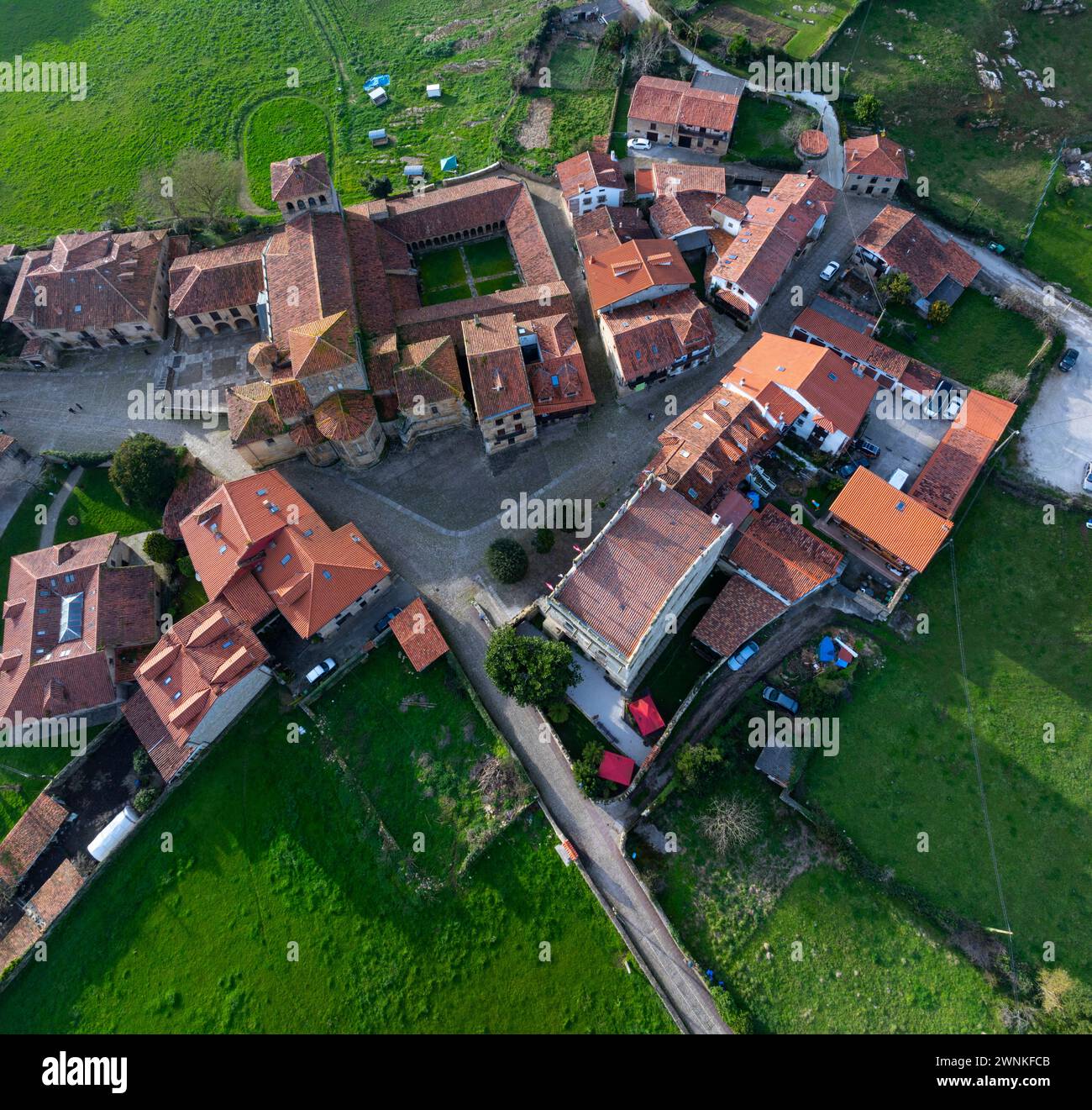 Winter landscape of the town of Santillana del Mar at dusk seen from a drone. Municipality of Santillana del Mar. Community of Cantabria. Spain. Europ Stock Photo
