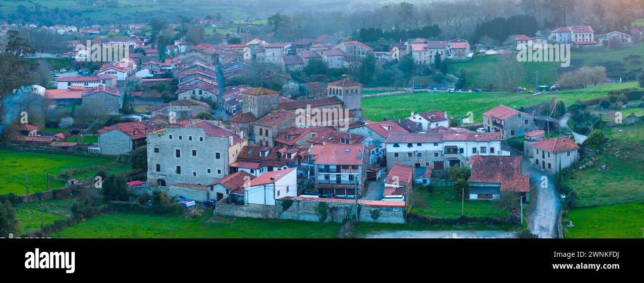 Winter landscape of the town of Santillana del Mar at dusk seen from a drone. Municipality of Santillana del Mar. Community of Cantabria. Spain. Europ Stock Photo