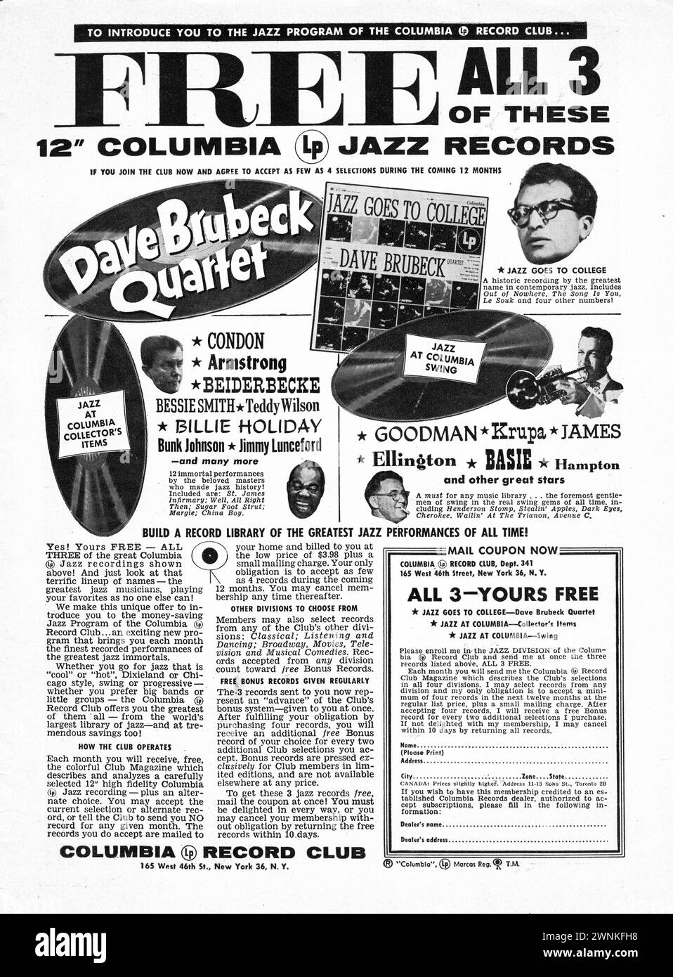 An ad from a 1956 music magazine for the Columbia Jazz Record Club offering 3 free jazz LP records if you agreed to purchase 4 LP's over the next year, likely at full price. Stars pictured include Dave Brubeck, Harry James, Louis Armstrong and others. Stock Photo