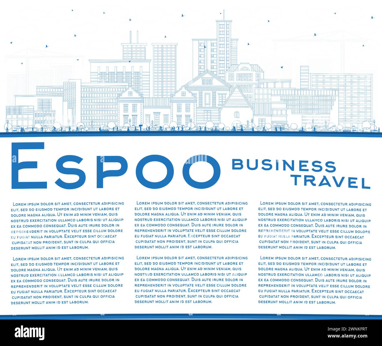 Outline Espoo Finland city skyline with blue buildings and copy space. Vector illustration. Espoo cityscape with landmarks. Business travel, tourism. Stock Vector