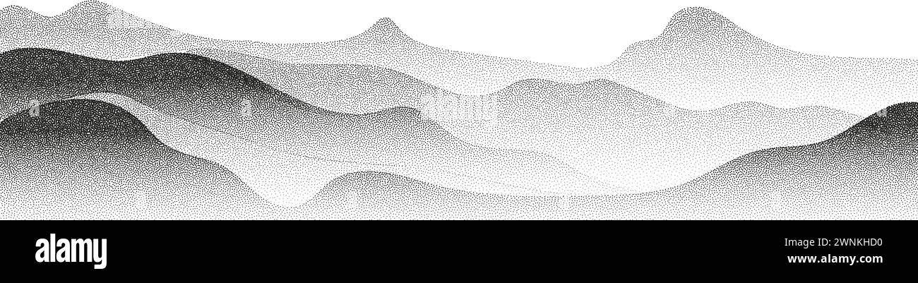 Black noise dots, a sand grain effect, and grunge banner.Grayscale vector halftone dots background with a fading dot effect, resembling a abstract mou Stock Vector