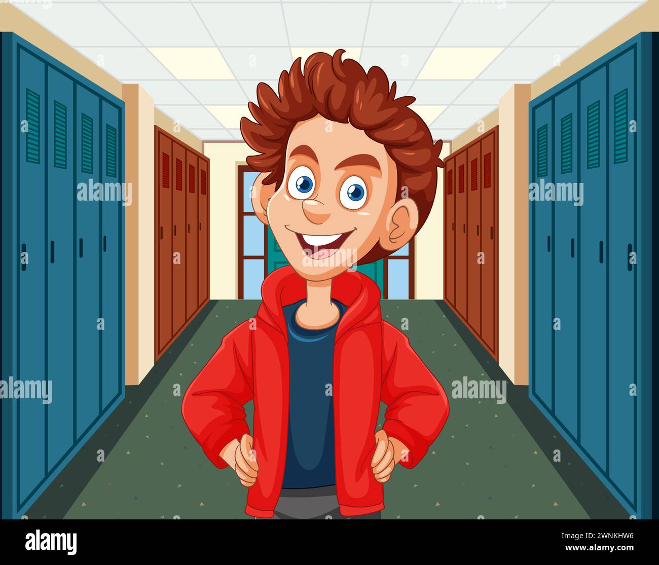 Cheerful boy standing in a school corridor Stock Vector Image & Art - Alamy