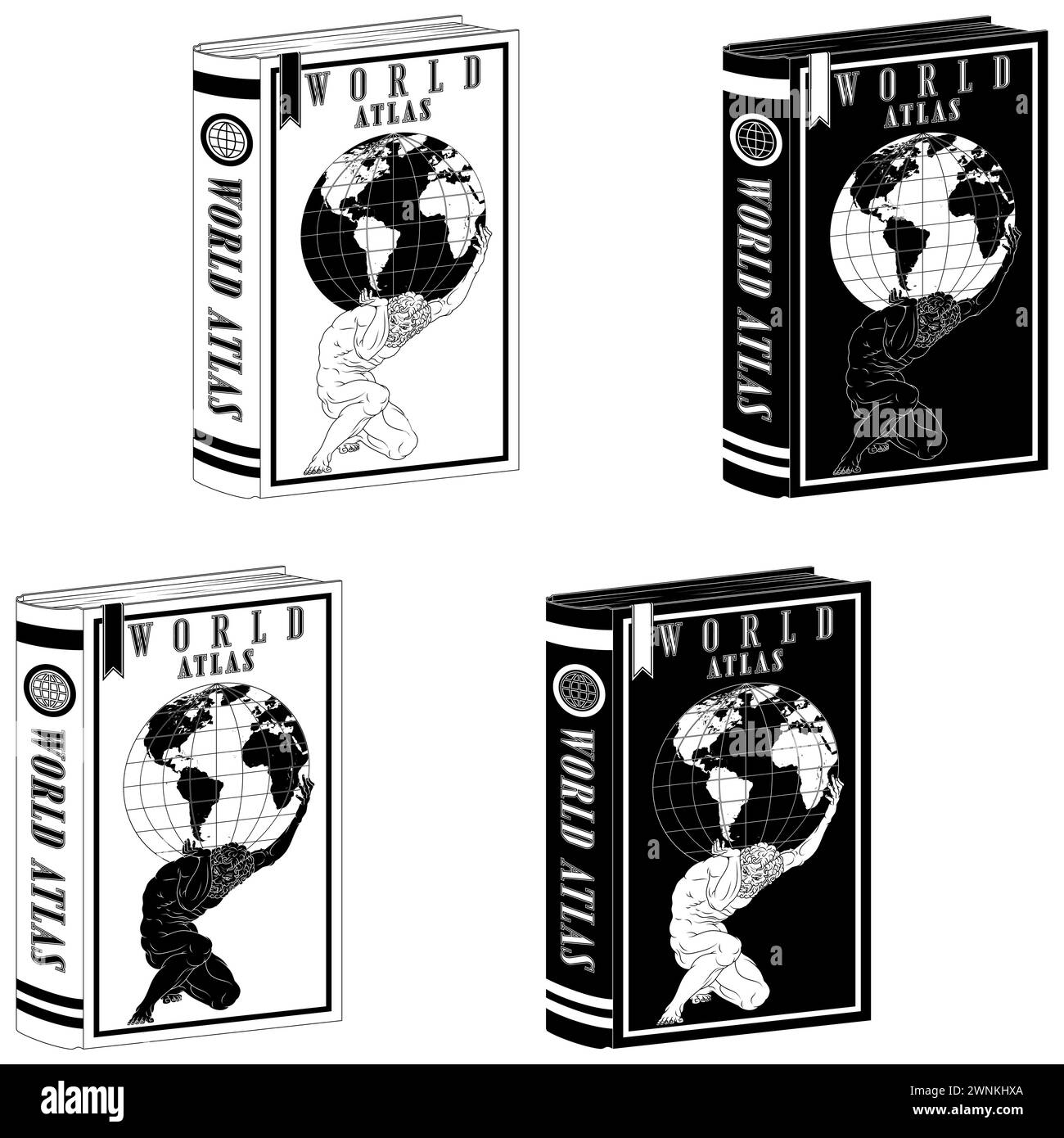 Vector design Atlas book of world maps, Greek mythology titan holding the earth sphere Stock Vector