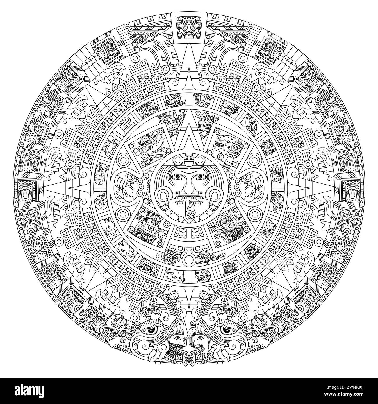 Vector design of Aztec calendar, monolithic disk of the ancient Mexica, sun stone of the Aztec civilization Stock Vector