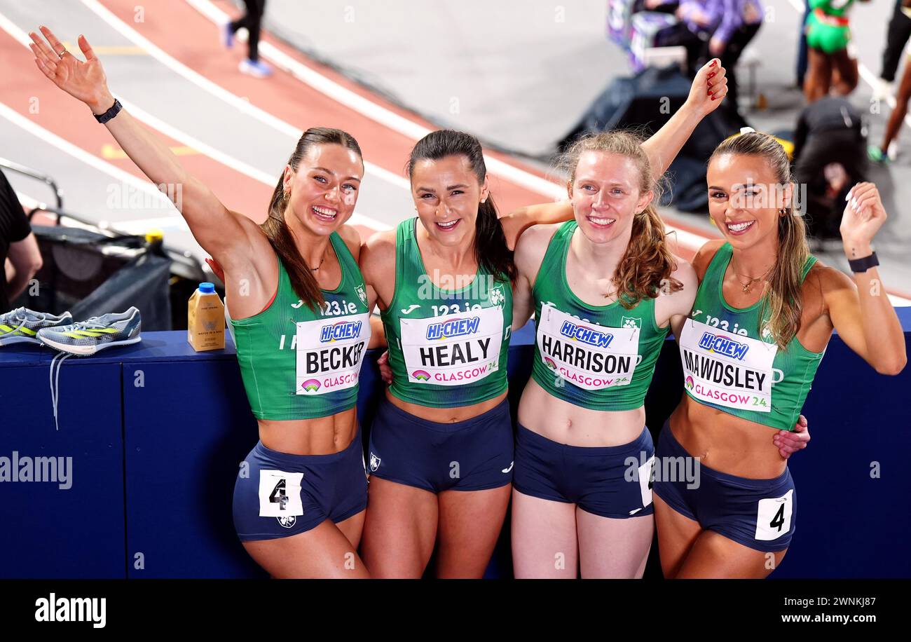 Republic of Ireland's Phil Healy, Sophie Becker, Roisin Harrison and Sharlene Mawdsley after their Women's 4 x 400m relay heat during day three of the World Indoor Athletics Championships at the Emirates Arena, Glasgow. Picture date: Sunday March 3, 2024. Stock Photo