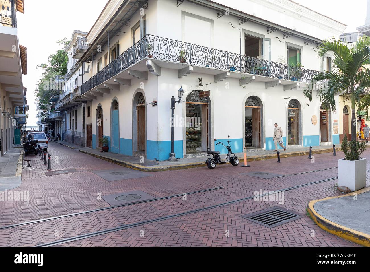 Interesting streets and beautiful colourful colonial buildings in Casco Antiguo (Casco Viejo), old quarter of panama city, on christmas eve, Panama Stock Photo