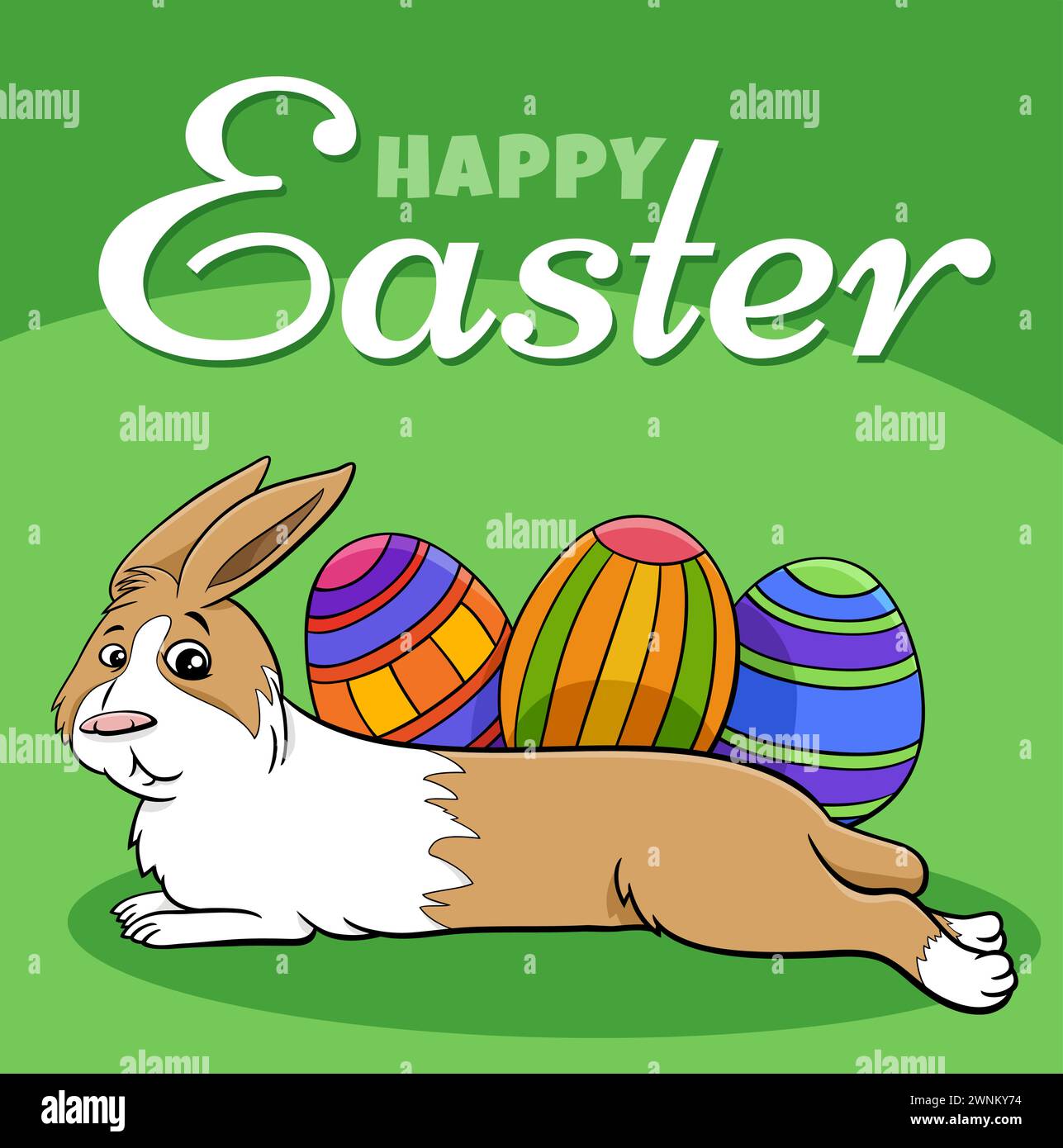 Cartoon illustration of Easter Bunny with three colored eggs greeting ...