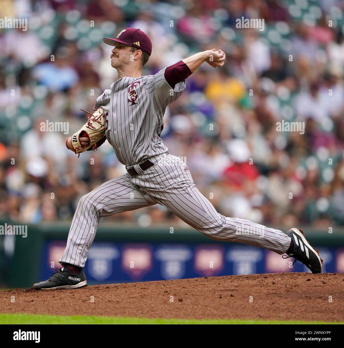 Houston, United States. 02nd Mar, 2024. Texas State Bobcats pitcher JACK STROUD (26) throws a pitch during the game between the Texas State Bobcats and the Texas Longhorns at Minute Maid Park on March 2, 2024 in Houston, Texas. Texas State Bobcats defeated the #15 Texas Longhorns 11-10. (Photo by: Jerome Hicks/ SipaUSA) Credit: Sipa USA/Alamy Live News Stock Photo