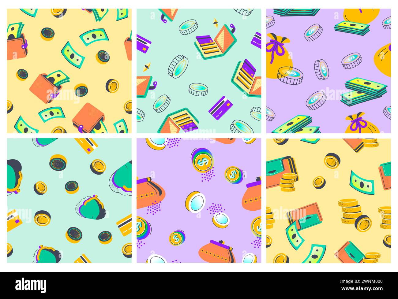 Decorative pattern set with money cash elements Stock Vector