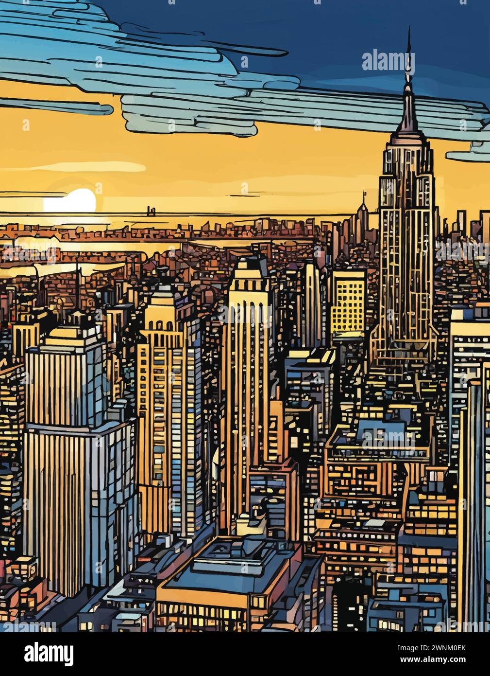 Golden hour casts a warm glow over the iconic New York City skyline