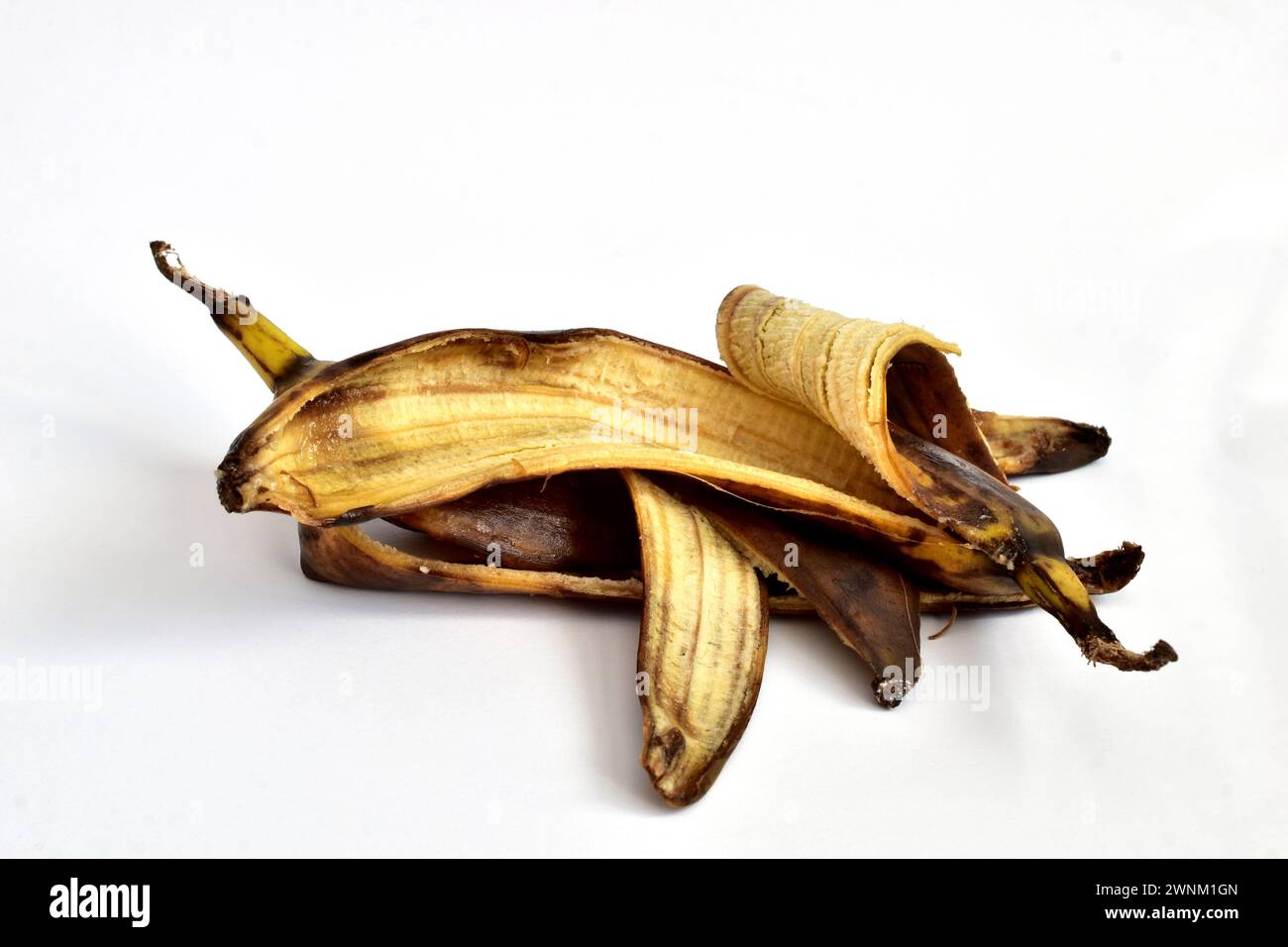 A discarded rotten banana peel lies on a white background. Stock Photo