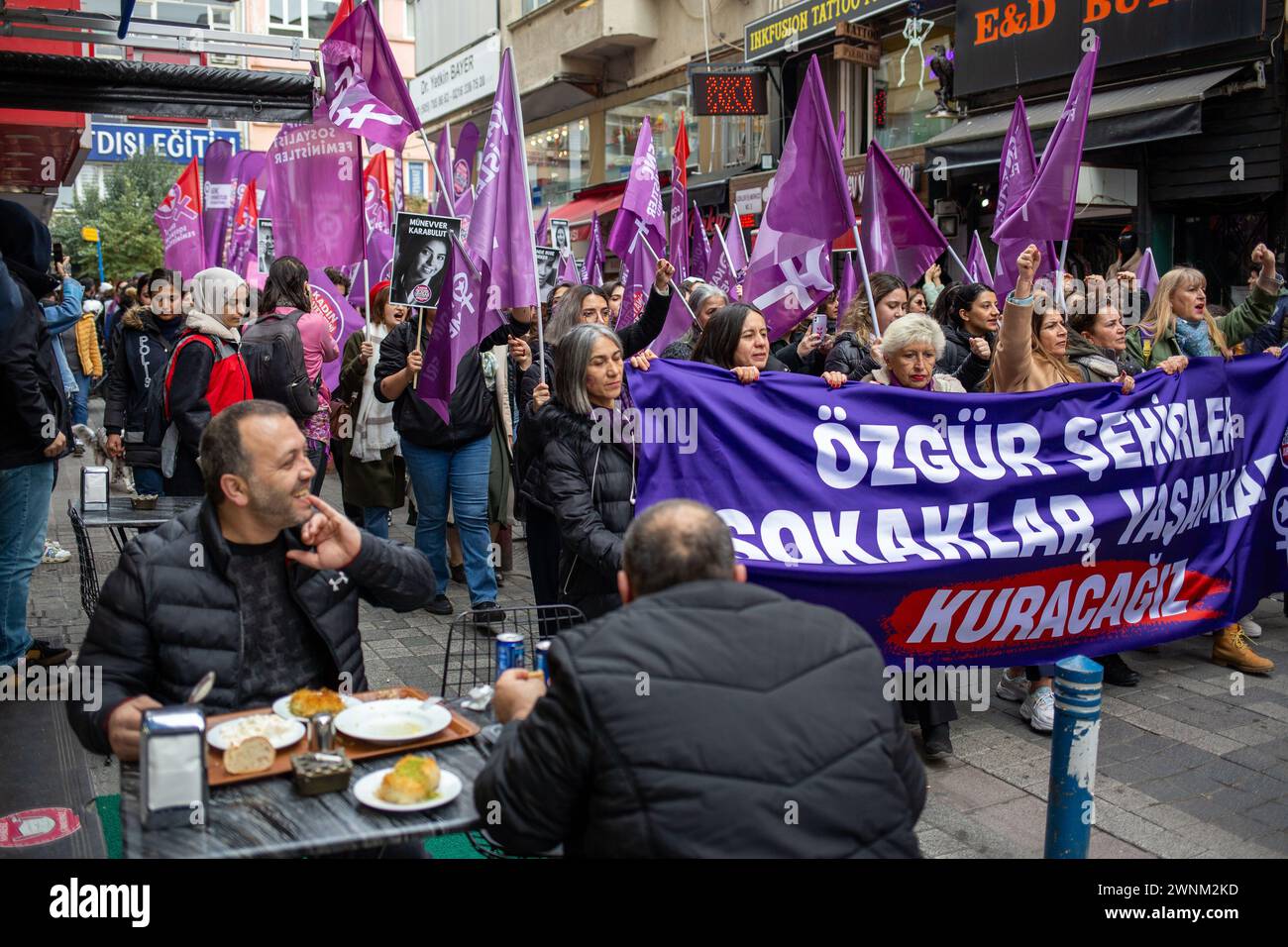 March 3, 2024: Istanbul, Turkey, March 3, 2024: Prior to March 8, International Women's Day, numerous feminist groups and women's rights associations in Istanbul orchestrated a protest along the Kadikoy district. Amidst vocalizing diverse slogans, women passionately advocated for their equal and liberal right to live. (Credit Image: © Tolga Ildun/ZUMA Press Wire) EDITORIAL USAGE ONLY! Not for Commercial USAGE! Credit: ZUMA Press, Inc./Alamy Live News Stock Photo