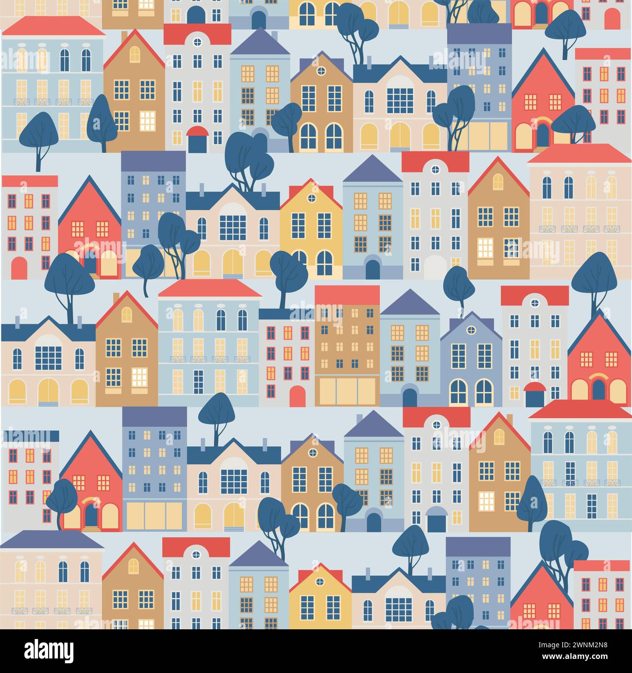 Seamless town pattern. Endless background with cute small houses and ...