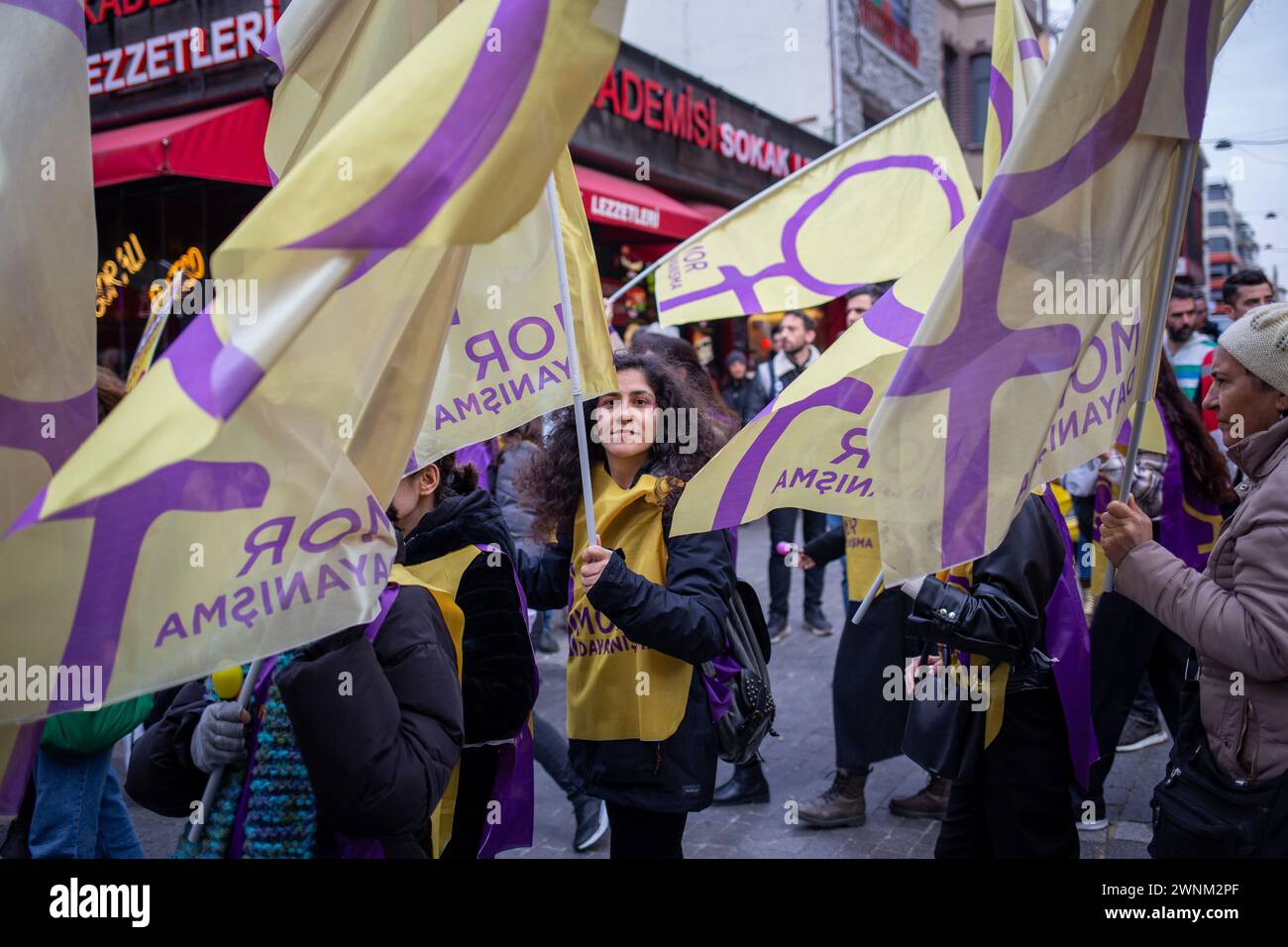 March 3, 2024: Istanbul, Turkey, March 3, 2024: Prior to March 8, International Women's Day, numerous feminist groups and women's rights associations in Istanbul orchestrated a protest along the Kadikoy district. Amidst vocalizing diverse slogans, women passionately advocated for their equal and liberal right to live. (Credit Image: © Tolga Ildun/ZUMA Press Wire) EDITORIAL USAGE ONLY! Not for Commercial USAGE! Credit: ZUMA Press, Inc./Alamy Live News Stock Photo