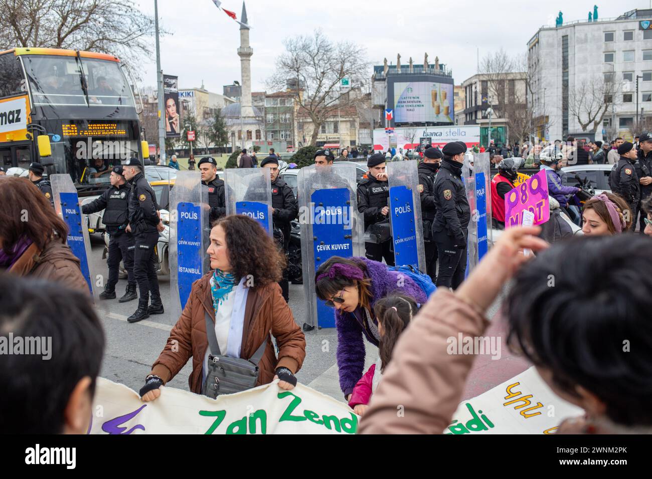 March 3, 2024: Istanbul, Turkey, March 3, 2024: Prior to March 8, International Women's Day, numerous feminist groups and women's rights associations in Istanbul orchestrated a protest along the Kadikoy district. Amidst vocalizing diverse slogans, women passionately advocated for their equal and liberal right to live. (Credit Image: © Tolga Ildun/ZUMA Press Wire) EDITORIAL USAGE ONLY! Not for Commercial USAGE! Credit: ZUMA Press, Inc./Alamy Live News Stock Photo