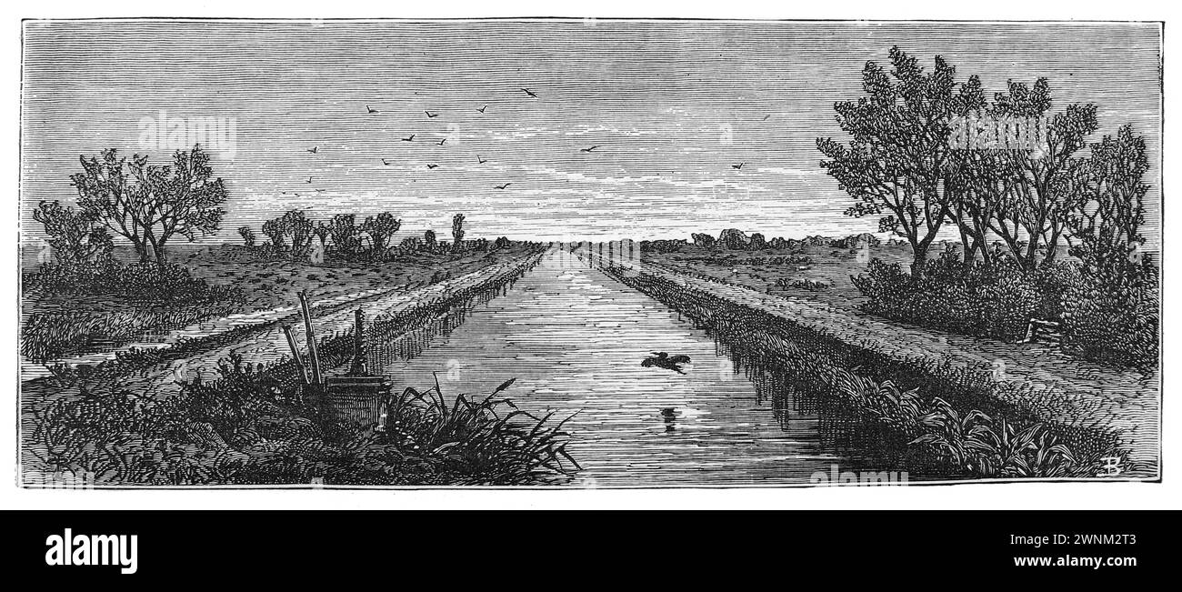 Maxey Cut at Peakirk, Cambridgeshire in the 19th century; Black and white illustration from 'Our Own Country' a Descriptive, Historical and Pictorial guide to the UK published in late 1880s by Cassell, Petter, Galpin & Co. Historic pictures of Briatin. Stock Photo