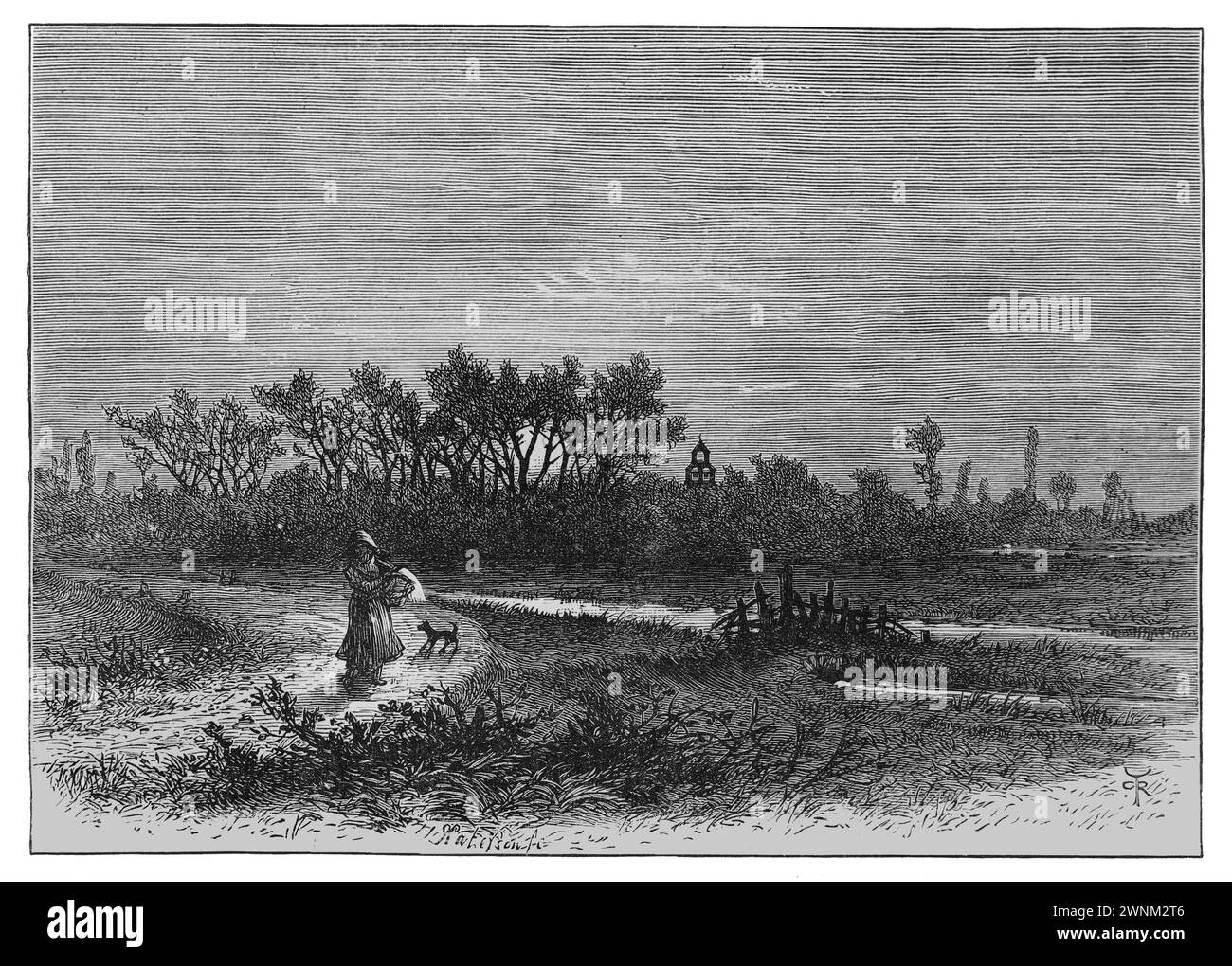 Peakirk viewed from the Maxey Cut. The bell cote of St Pega's church can be seen above the trees. 19th century; Black and white illustration from 'Our Own Country' a Descriptive, Historical and Pictorial guide to the UK published in late 1880s by Cassell, Petter, Galpin & Co. Historic pictures of Briatin. Stock Photo