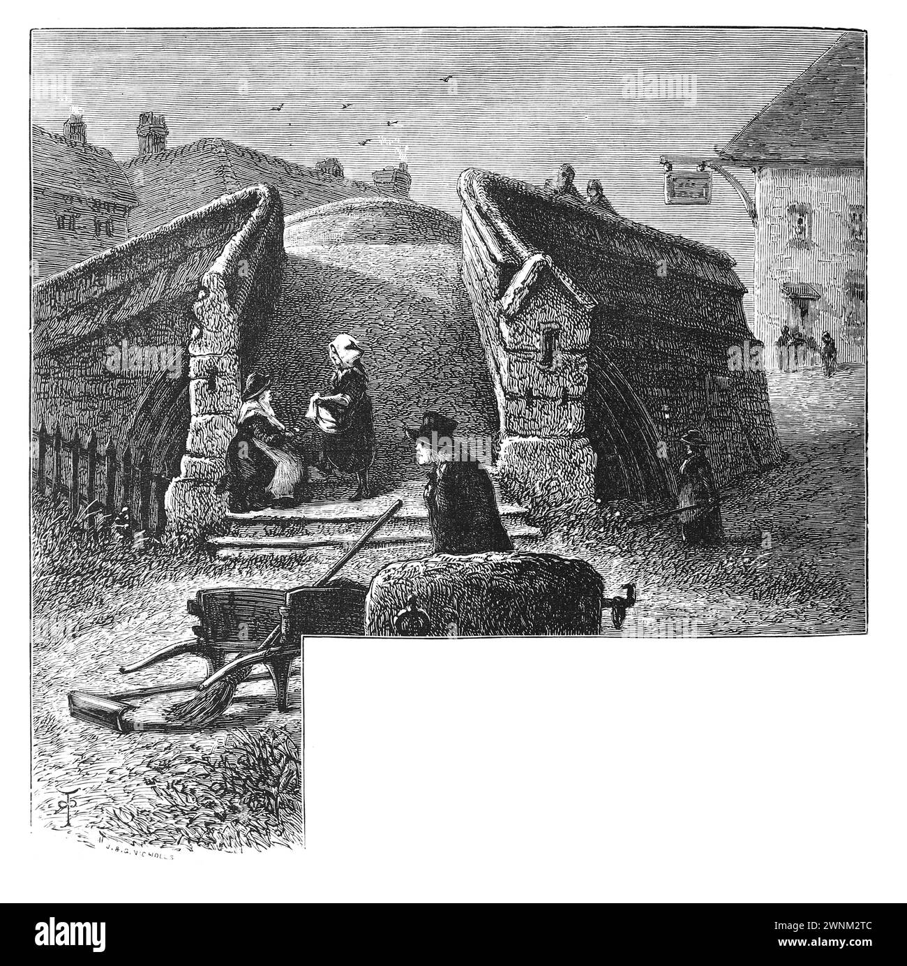 Crowland Bridge, Cambridgeshire; 19th century; Black and white illustration from 'Our Own Country' a Descriptive, Historical and Pictorial guide to the UK published in late 1880s by Cassell, Petter, Galpin & Co. Historic pictures of Briatin. Stock Photo