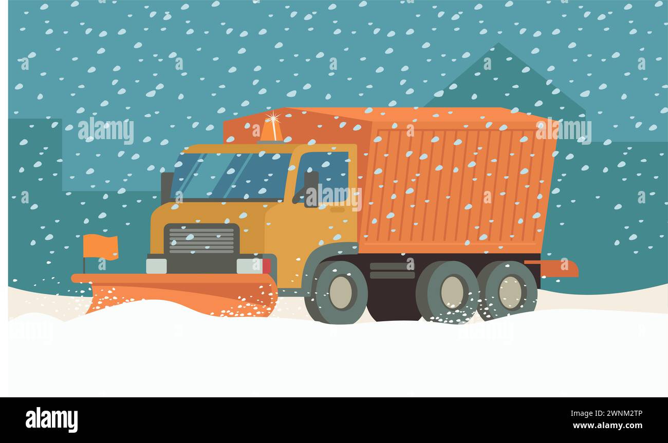 snow plow truck cleaning city snowy road. winter street snow removal concept. Flat vector illustration Stock Vector