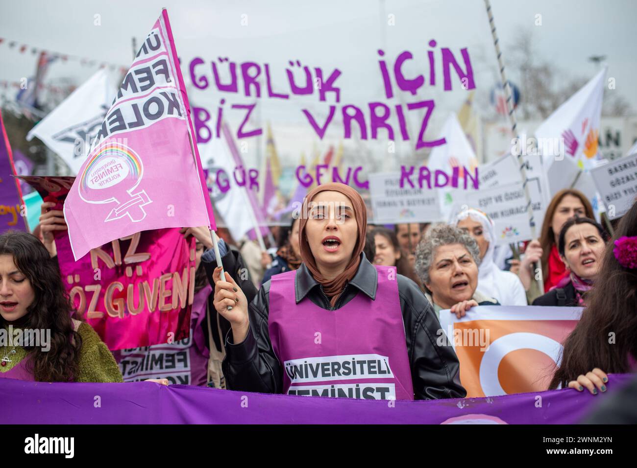 March 3, 2024: Istanbul, Turkey, March 3, 2024: Prior to March 8, International Women's Day, numerous feminist groups and women's rights associations in Istanbul orchestrated a protest along the Kadikoy district. Amidst vocalizing diverse slogans, women passionately advocated for their equal and liberal right to live. (Credit Image: © Tolga Ildun/ZUMA Press Wire) EDITORIAL USAGE ONLY! Not for Commercial USAGE! Credit: ZUMA Press, Inc./Alamy Live News Stock Photo