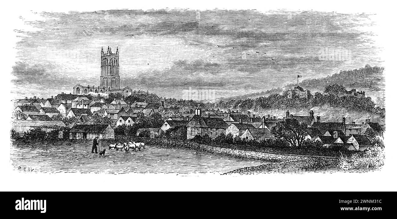 Ludlow viewed from the station in the 19th century; Black and white illustration from 'Our Own Country' a Descriptive, Historical and Pictorial guide to the UK published in late 1880s by Cassell, Petter, Galpin & Co. Historic pictures of Briatin. Stock Photo