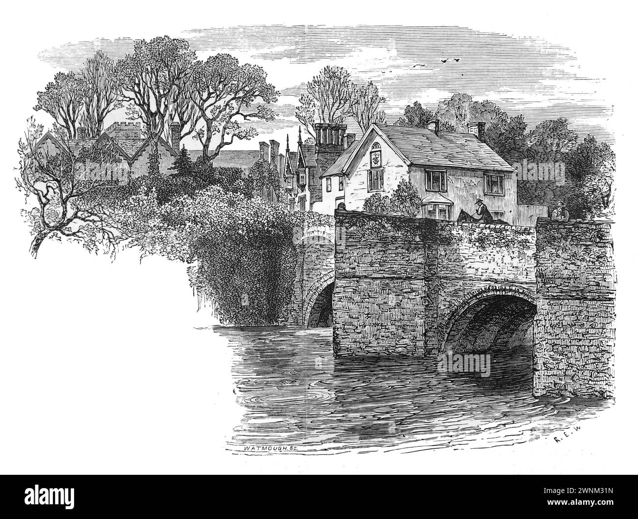 Ludford Bridge, Ludlow in the 19th century; Black and white illustration from 'Our Own Country' a Descriptive, Historical and Pictorial guide to the UK published in late 1880s by Cassell, Petter, Galpin & Co. Historic pictures of Briatin. Stock Photo