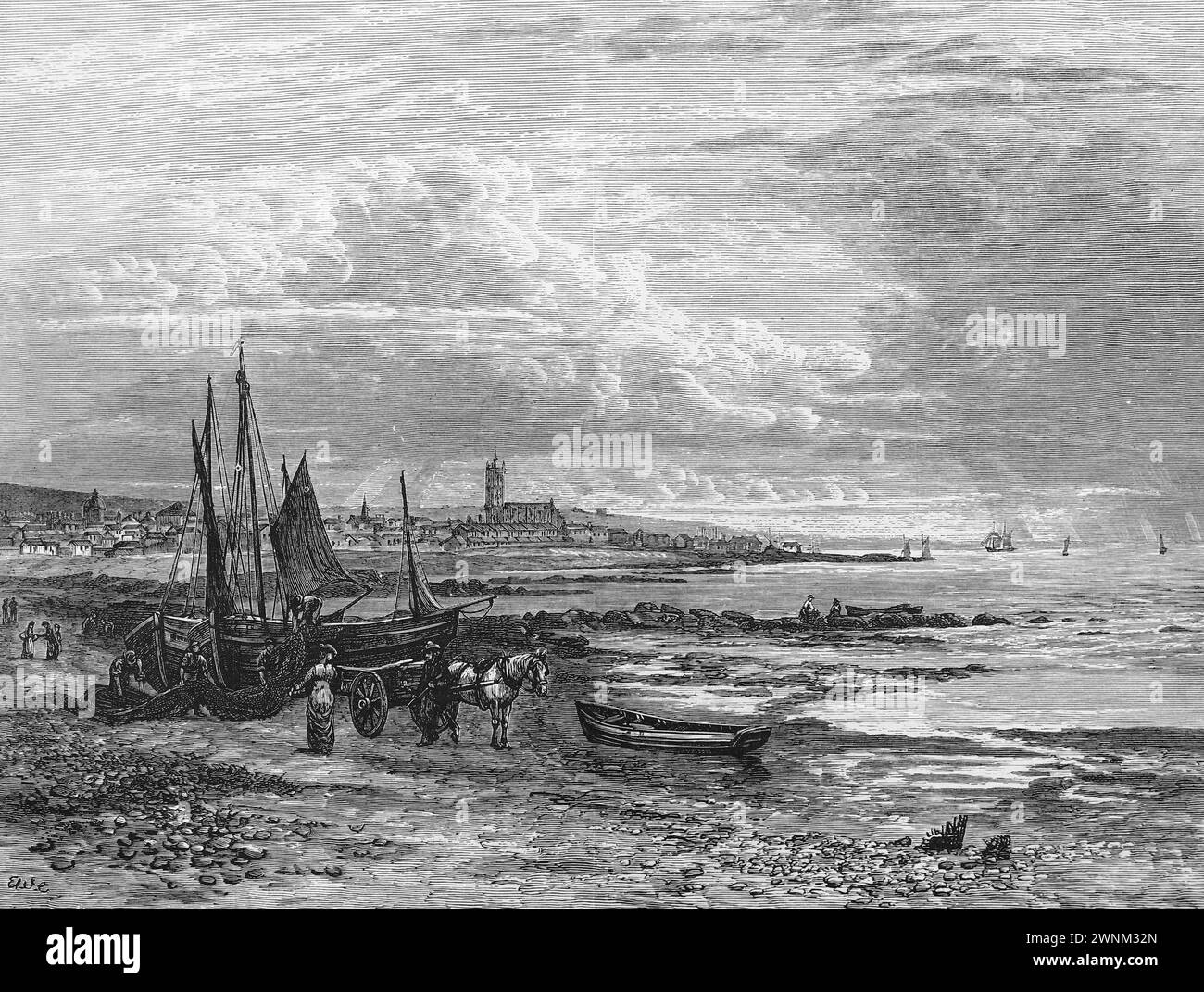 Penzance, Cornwall in the 19th century; Black and white illustration from 'Our Own Country' a Descriptive, Historical and Pictorial guide to the UK published in late 1880s by Cassell, Petter, Galpin & Co. Historic pictures of Briatin. Stock Photo