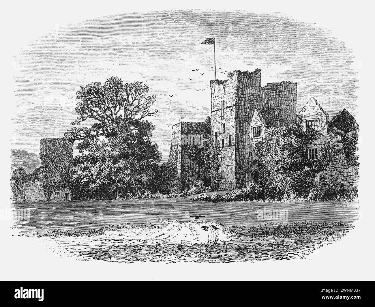 Ludlow Castle in the 19th century; Black and white illustration from 'Our Own Country' a Descriptive, Historical and Pictorial guide to the UK published in late 1880s by Cassell, Petter, Galpin & Co. Historic pictures of Briatin. Stock Photo