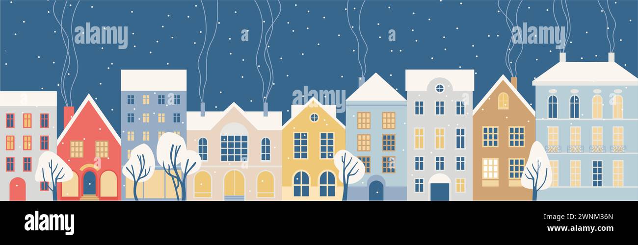 Cozy Christmas town city panorama. Winter village at night. Old style ...