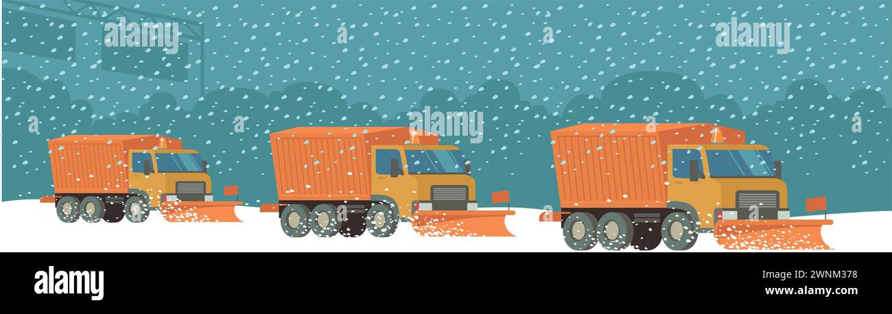snow plow trucks cleaning city snowy road. winter street snow removal concept. Flat vector illustration Stock Vector