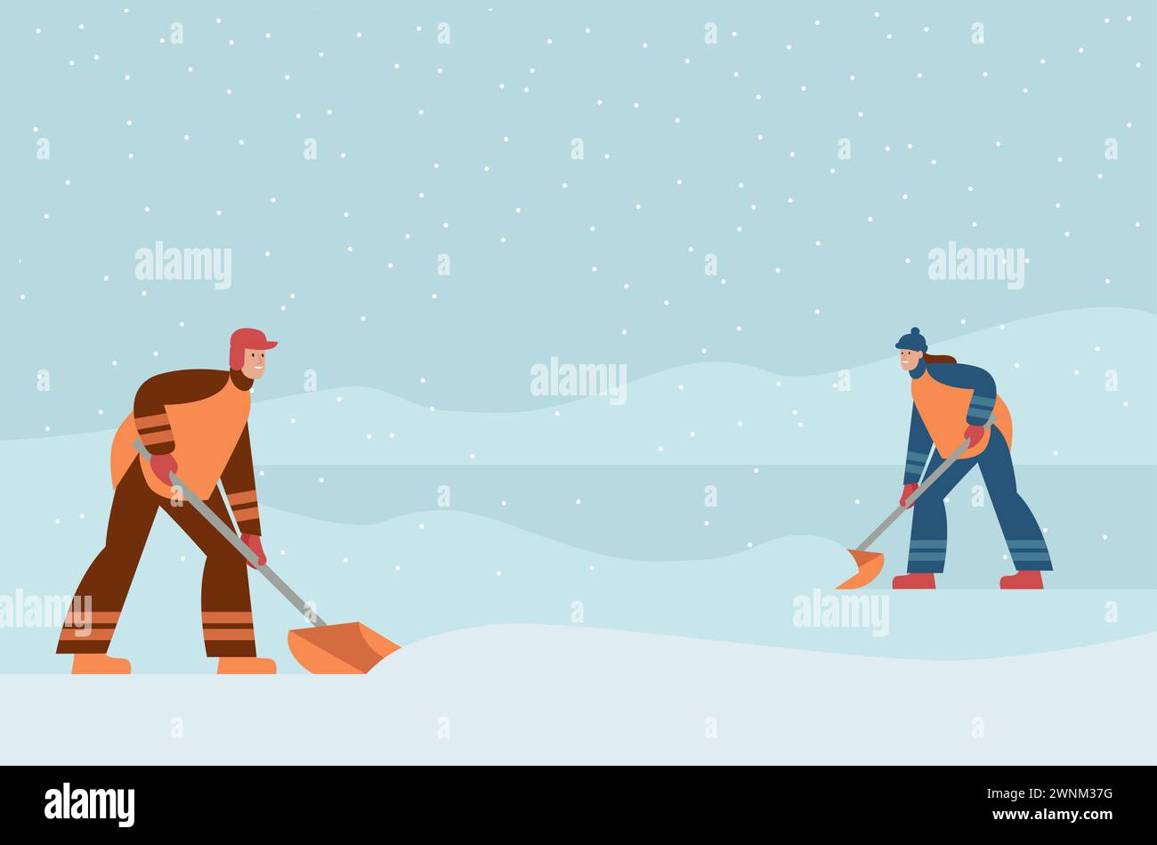 Man and woman removing snow with shovels. Workers in uniform cleaning city street after snowstorm. Flat vector illustration with copy space Stock Vector