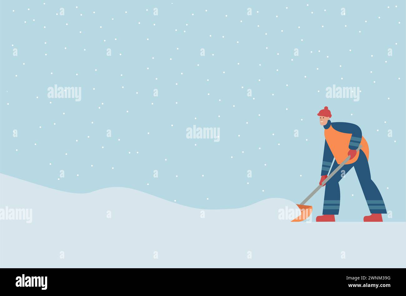 Man removing snow with shovels. Worker in uniform cleaning city street after snowstorm. Flat vector illustration for text poster Stock Vector