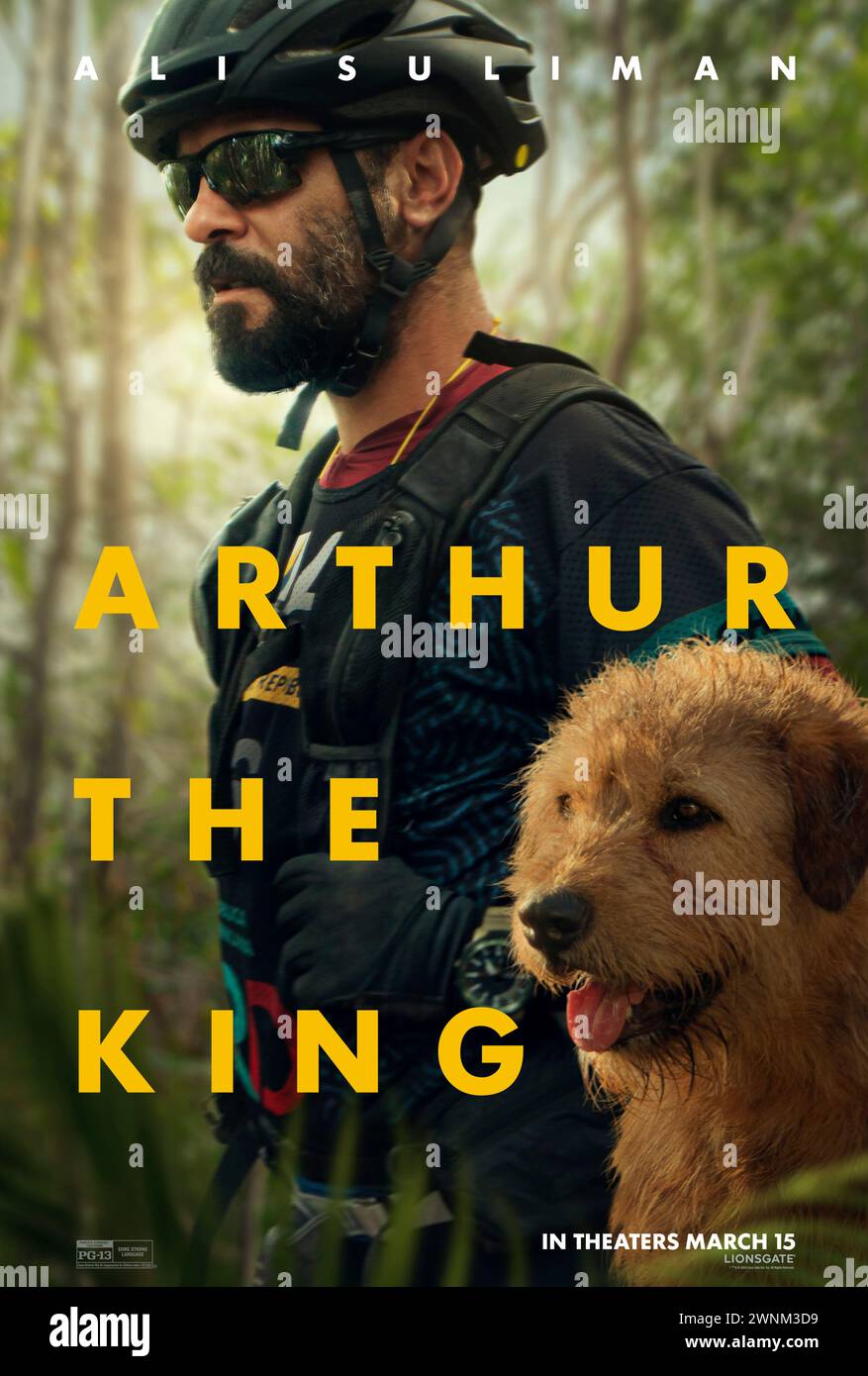 Arthur the King (2024) directed by Simon Cellan Jones and starring Ali Suliman as Chik. Adaptation of Mikael Lindnord's memoir about a stray dog that joins a team during an epic endurance race in Ecuador. US character poster ***EDITORIAL USE ONLY***. Credit: BFA / Lionsgate Stock Photo