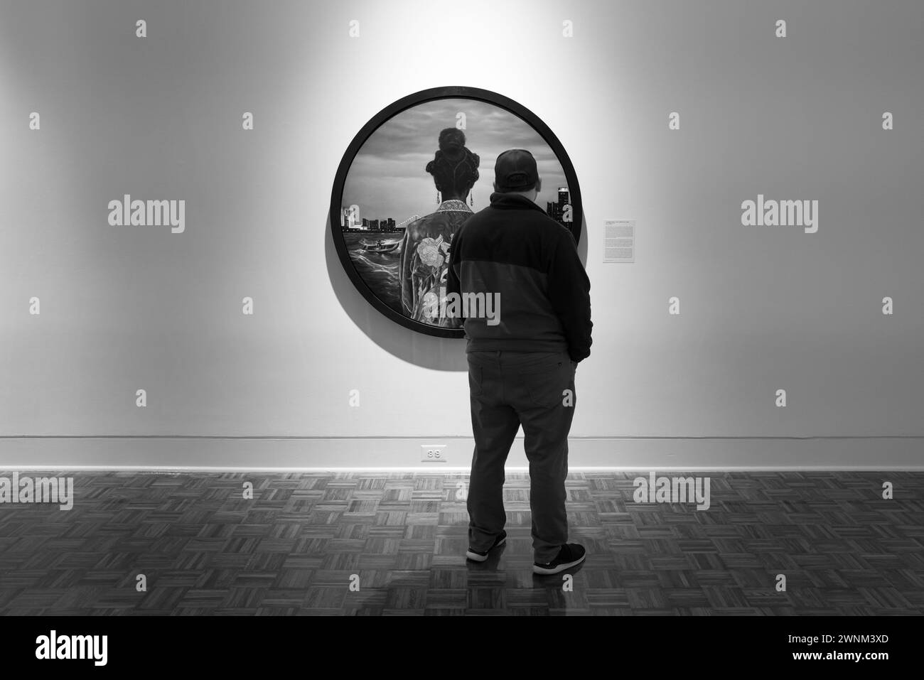 A man looking at the painting entitled Troubled Waters:  Henry Bibb and/or Mary Ann Shadd, at the Flint Institute of Arts, Flint Michigan USA Stock Photo