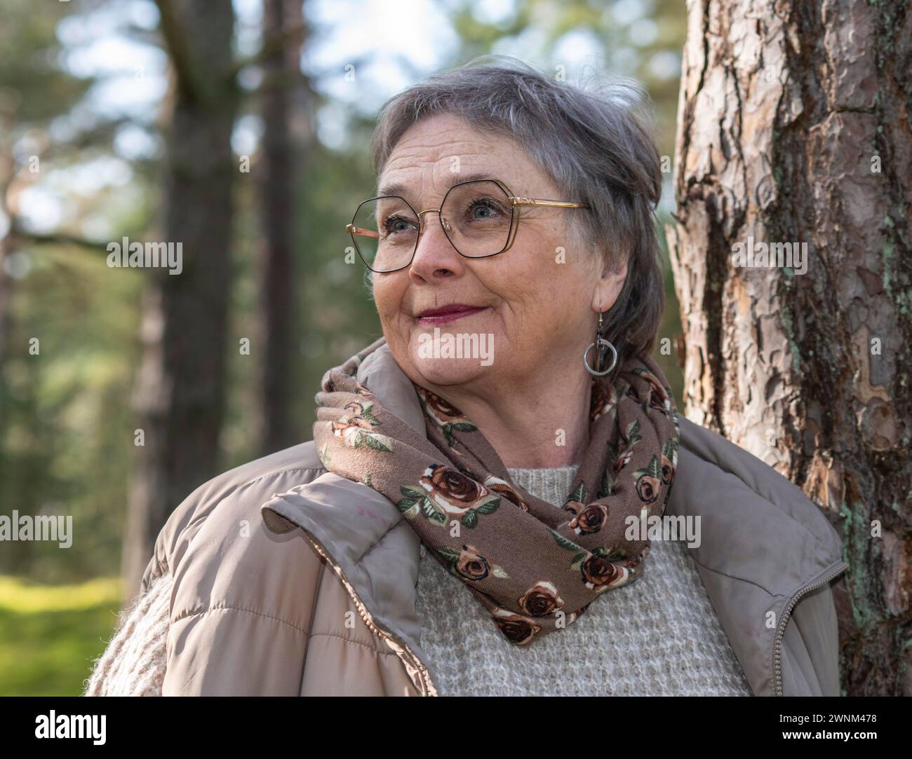 Portrait of elderly woman, 65 years old, enjoying nature in the forest ...