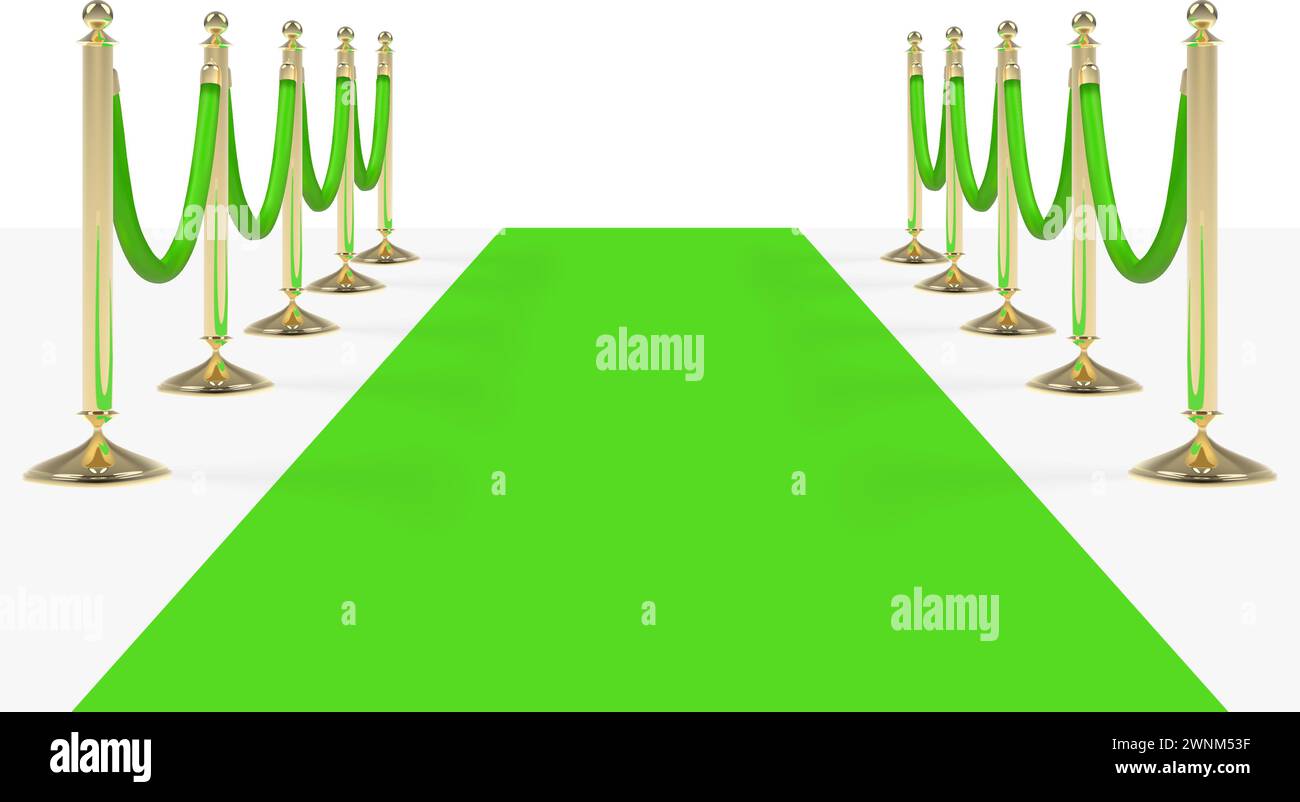 Green carpet with green ropes on golden stanchions. Vector illustration