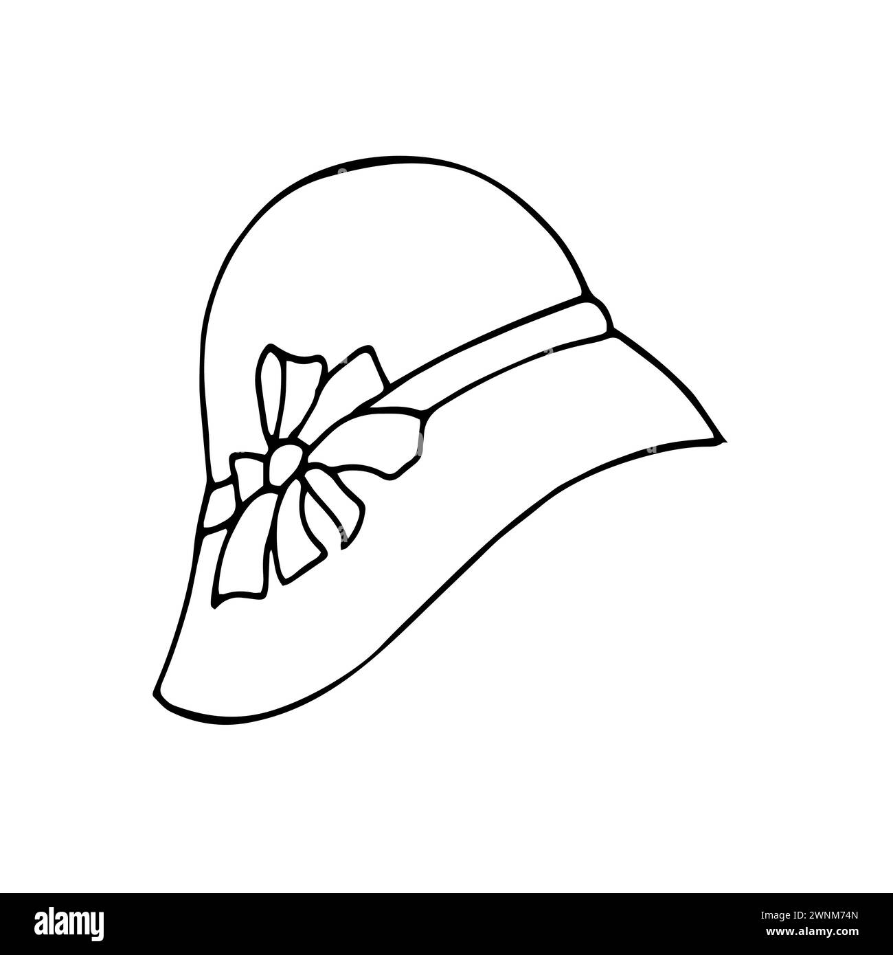 Hand-drawn fashion women's straw hat with ribbon and flower on it. Head accessory doodle isolated on white. 1930s fashion. Stock Vector