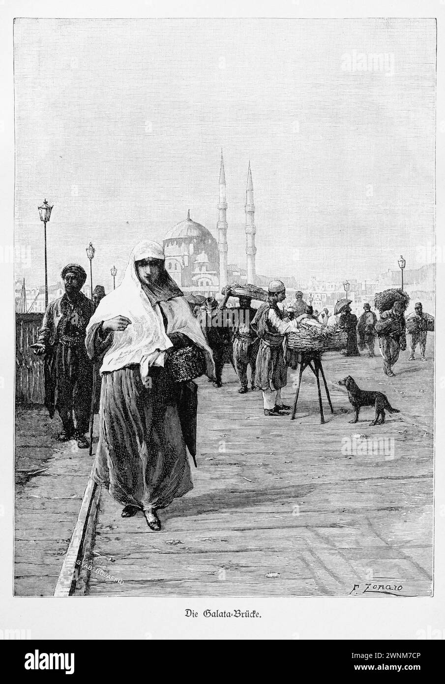 Galata Bridge over the Golden Horn, Constantinople, Istanbul, many people, maschee, seller