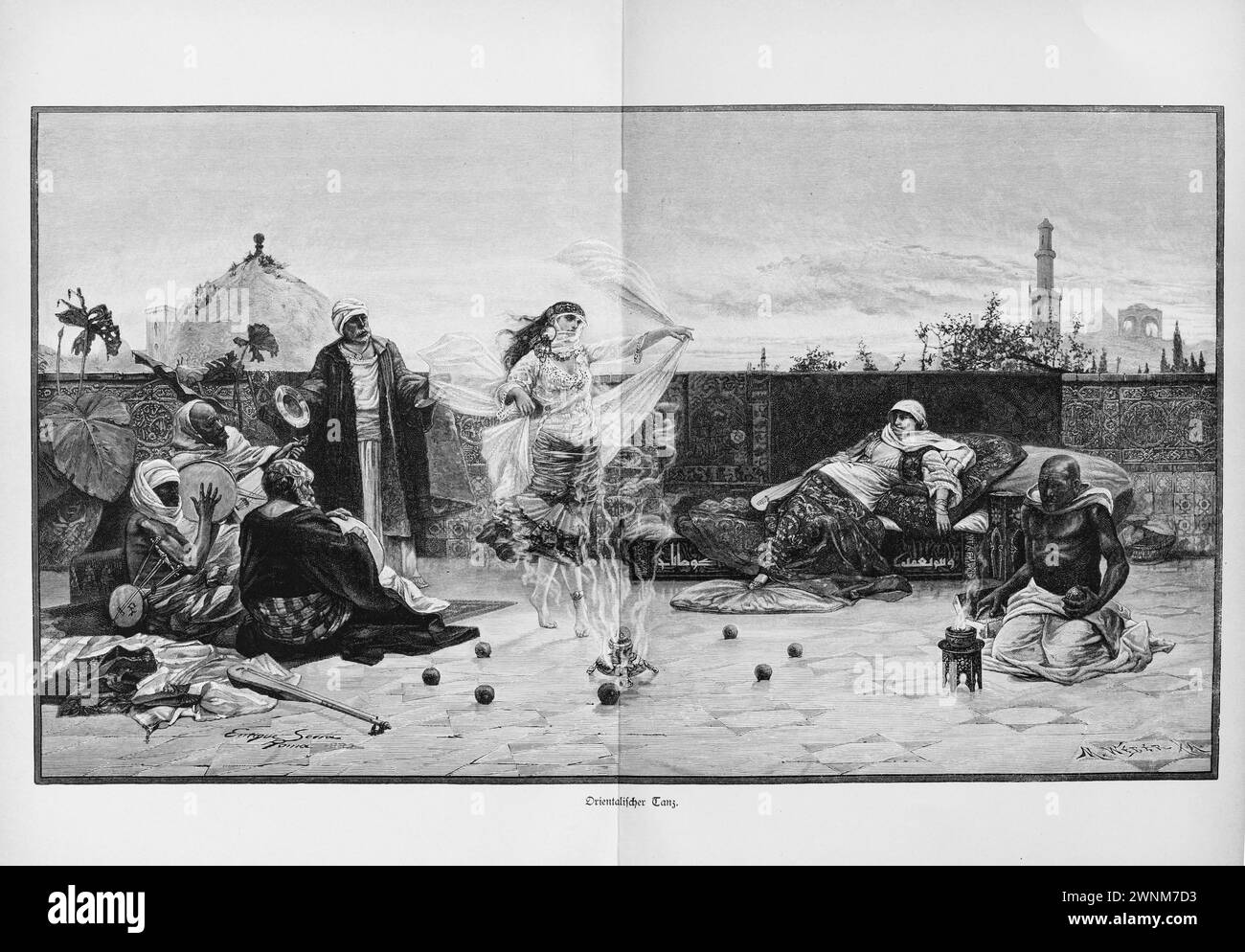 Oriental dance, woman, musicians, fire, balls, outdoors, Constantinople, Istanbul, Turkey, historical illustration 1890 Stock Photo