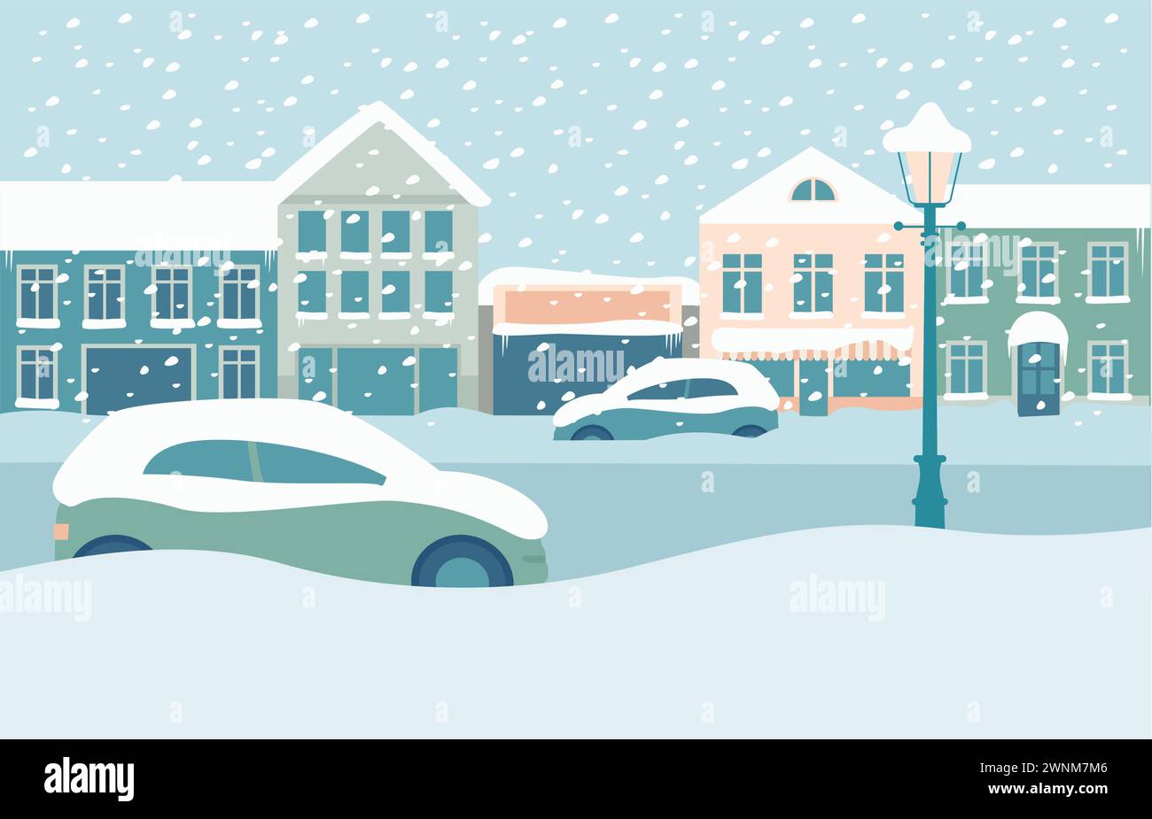 City buildings covered with snow after heavy blizzard.  Parked cars on the street in snowdrifts during snowfall. Flat vector illustration. Stock Vector