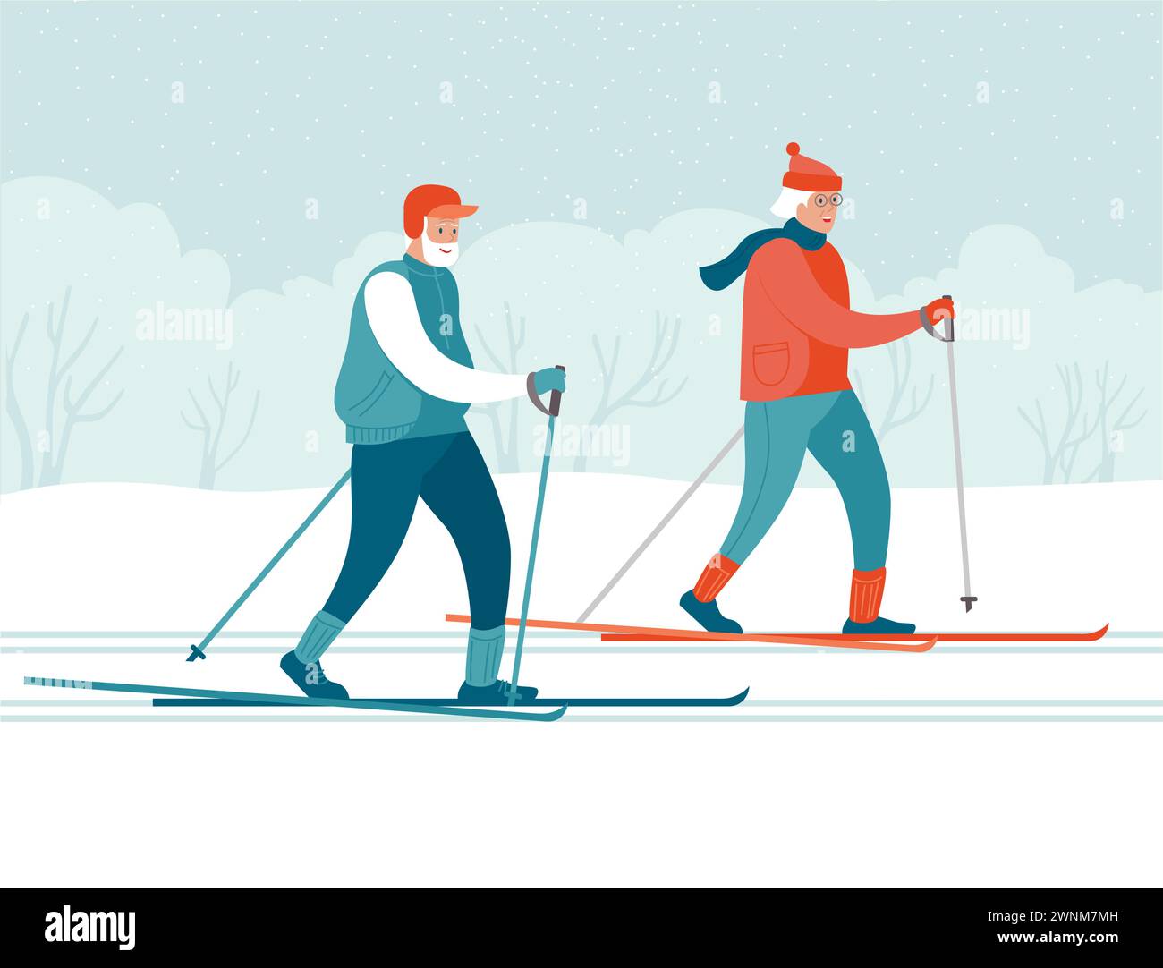 Elderly couple cross country skiing in the public park. Concept of active healthy lifestyle of seniors. Flat vector illustration. Stock Vector