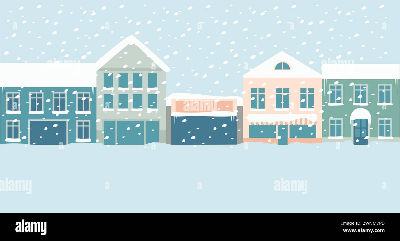 Winter city street. Old style buildings covered with snow after heavy blizzard. Flat vector illustration Stock Vector