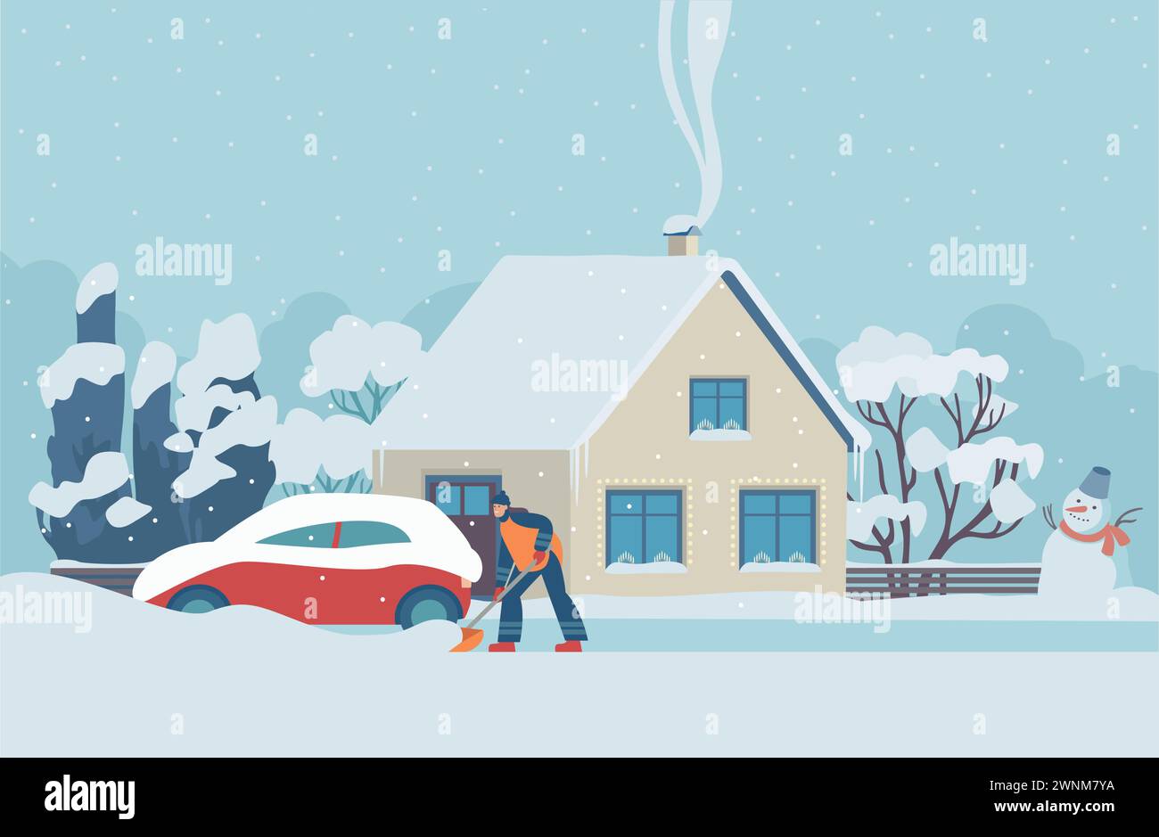 Woman cleaning snow with shovel around her country house. Wintertime work at yard or road. Winter scene at snowy weather. Flat vector illustration Stock Vector