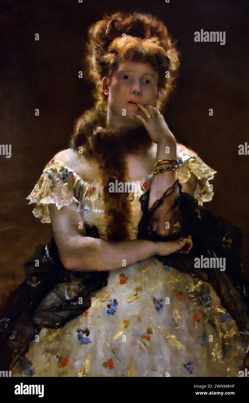 The Parisian Sphinx 1875-1877 by  Alfred Stevens 1875-1877 Royal Museum of Fine Arts,  Antwerp, Belgium, Belgian. ( A dreamy young woman, lost in thought, gently supports her head with her hand. She stares out, directly at us) Stock Photo