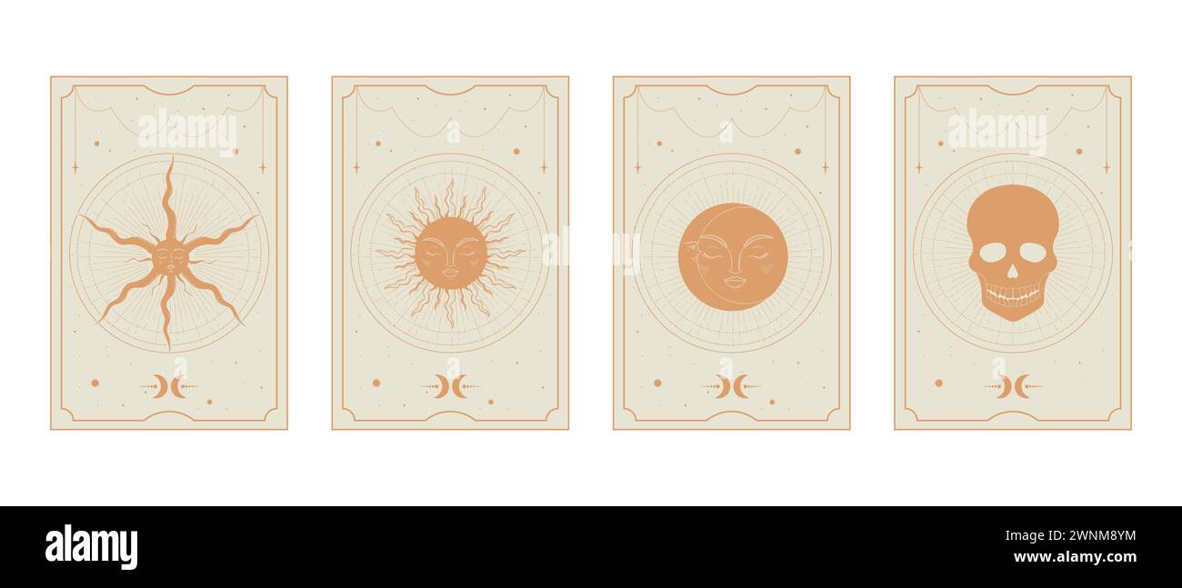 Set of Golden Tarot cards with magical Sun, Moon, Star and Death symbols. Mystery, magic, astrology, esoteric. Vector illustration Stock Vector