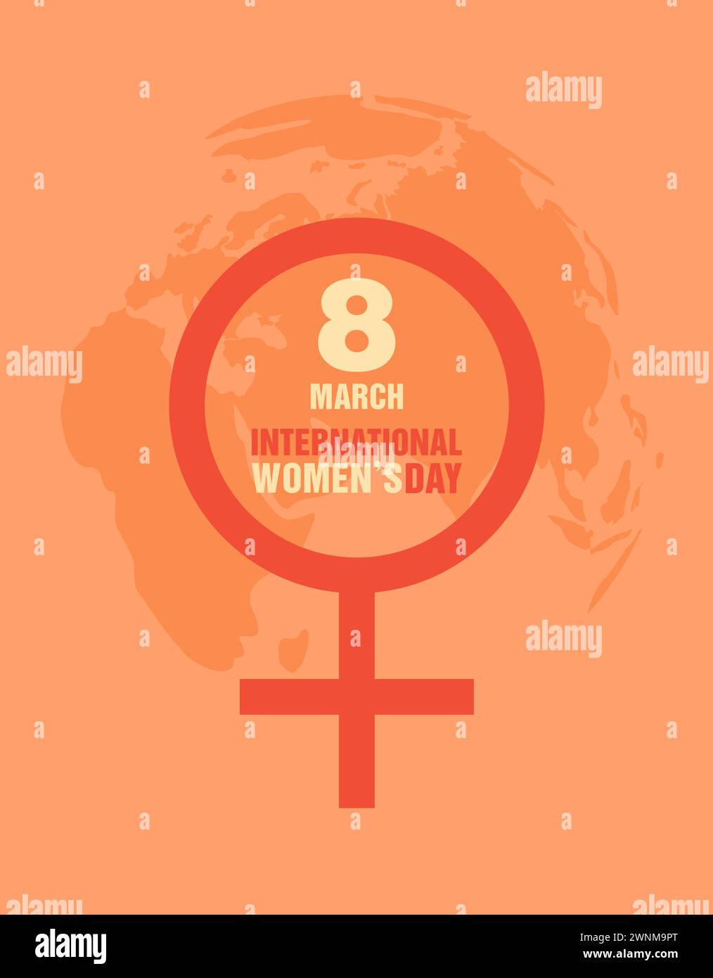 International Women's day greeting card. Woman and Venus symbol with text inside and Earth globe on background. Flat vector illustration Stock Vector